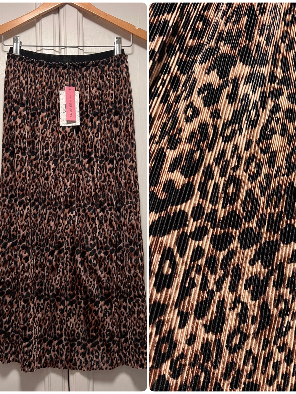 ANDREE BY UNIT Black and Brown Leopard Cheetah Pleated Midi Skirt Size Small